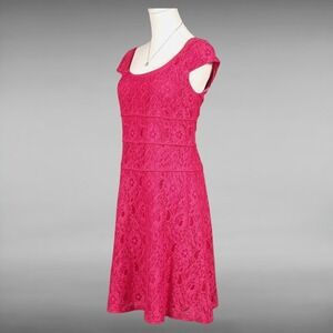 Romantic Coquette Hot Pink Floral Lace Fit and Flare Cap Sleeve Cocktail Dress 8